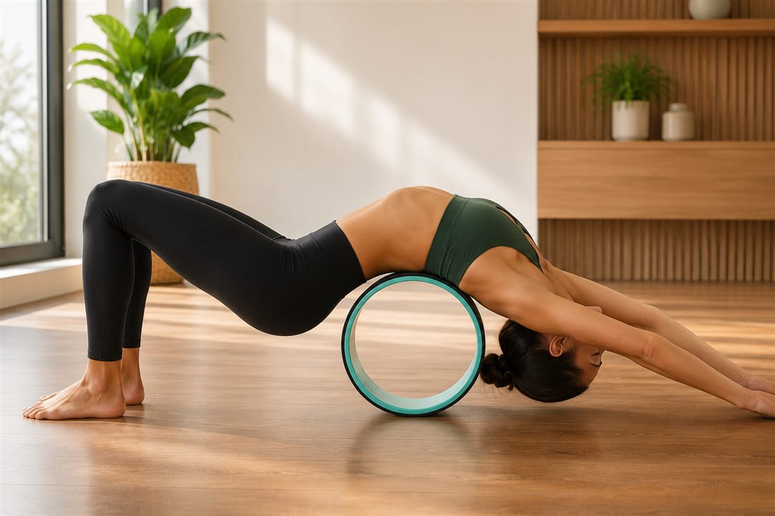 Woman stretching her back over the YJ Recovery Wheel in a bridge pose