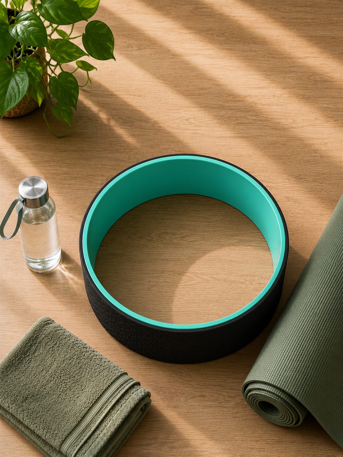 YJ Recovery Wheel next to a yoga mat, water bottle, and towel for a morning routine